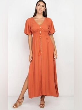 Women's Tassel Front Maxi Peasant Dress in Burnt Orange by Blashe